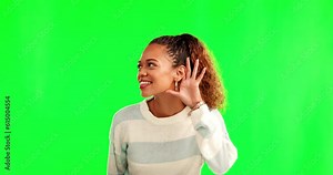 Woman, hear and speak louder sign with green screen and secret news with a smile. Confidential, palm to ear and young female person hearing and listening to gossip and whisper with emoji gesture