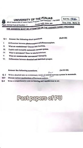 past paper of animal form and function 1