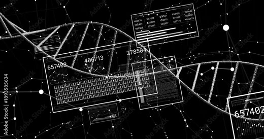 Light DNA helix emerging left undulating while UI panels updating values, visualizing genomic data