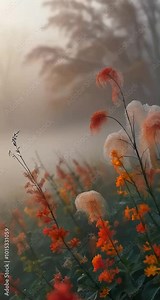 A serene and eerie misty autumn morning scene set in a lush field of vibrant autumn calibrachoa, with delicate petals and flossflower swaying gently in the morning breeze