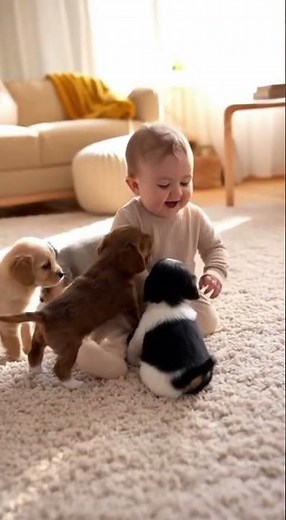 Puppies Cuddle With Baby!