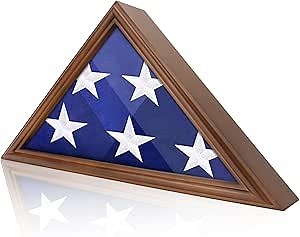 Flag Display Case - 5' x 9.5' Funeral & Military Flag Shadow Box with HD Tempered Glass and Wall Mount, Folded Triangle Flag Holder Frame for Veterans, Walnut