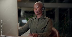 Black woman, talking and headset with computer, office and night as multilingual support agent. Female person, technology and virtual call for international contact center, conversation and help desk