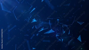 Animated background. Movements around circle of big bang. Pattern of glowing neon connecting lines, triangles, dots, particles. Outer space. Shards of glass. Destroyed plexuses. 3d rendering. 4k Stock Video