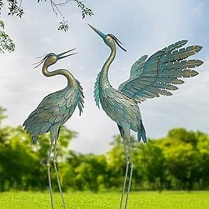 Amazon.com : Oritty Crane Statues for Outdoor, Metal Heron Garden Statues Bird Yard Art, Standing Sculptures for Yard Lawn Pond Garden Decor, 38-42 Inch Set of 2, Cyan : Patio, Lawn & Garden