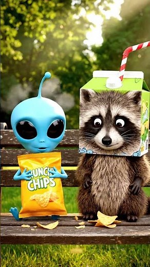 Baby Alien Shares Chips With Raccoon Friend