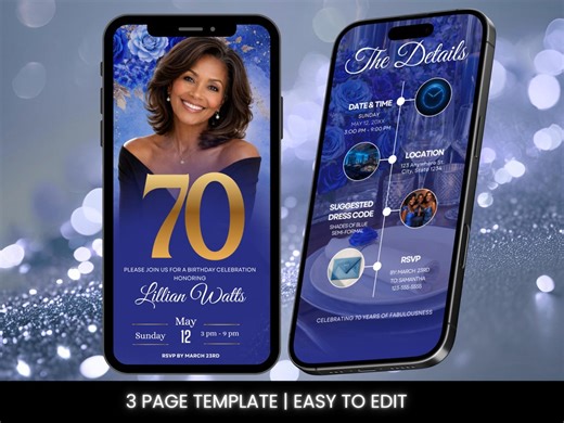 70th Birthday Animated Blue Invitation | Canva Template | Modern Digital Evite (Digital Download)