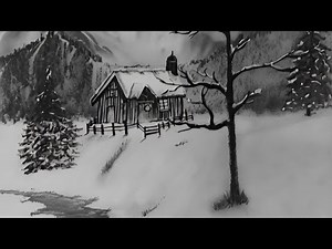 How to draw Winter nature by the River | Charcoal Landscape Snow Fall Drawing # pencilsketch