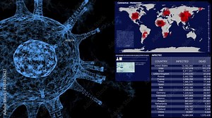 3d rendering 3D structure and connected lines of the COVID-19 virus A map showing the spread of the COVID-19 virus. and progress in the distribution of vaccines