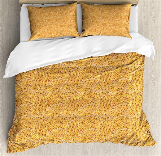 Earth Tones Queen Size Duvet Cover Set, Autumn Season Colors Digital Leaves Forming Dimensional Spirals, Decorative 3 Piece Bedding Set with 2 Pillow Shams, Apricot Rust Earth Yellow, by Ambesonne