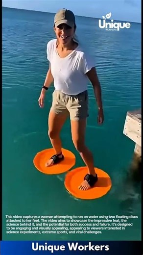 Walking on Water? Woman Balances on Floating Discs Over Clear Blue Sea