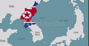 Map of North Korea in the colors of national flag. The capital and major cities are marked.
