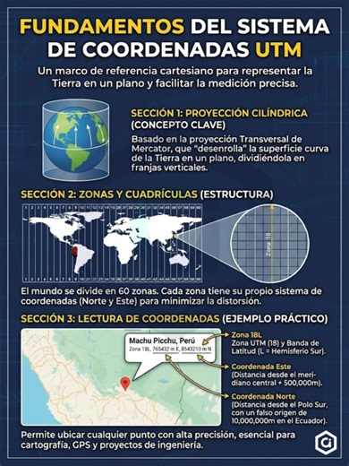 🌍 ¿CÓMO FUNCIONA EL SISTEMA DE COORDENADAS UTM? 🗺️ Si alguna vez te has preguntado cómo se convierte la superficie curva de la Tierra en un mapa plano y preciso, la respuesta es la Proyección UTM. ¡Aquí te lo resumimos! ✨ Los 3 Pilares del Sistema: 1️⃣ Proyección Cilíndrica: Se basa en la Transversal de Mercator, que "desenrolla" la Tierra en franjas verticales para minimizar deformaciones. 2️⃣ Zonas y Cuadrículas: El mundo se divide en 60 zonas de 6° cada una. Cada zona tiene su propio sistem