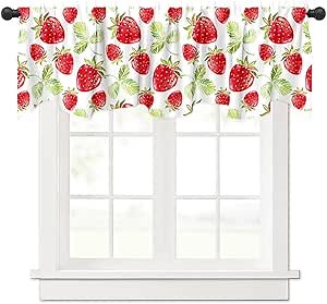 Yongqian Red Strawberry Window Treatment Valance Summer Fruit Strawberry Window Valance with Rod Pocket for Kitchen Dining Room Window Decoration