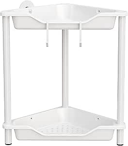 Orimade Rustproof 2 Tier Floor Standing Corner Shower Caddy Organizer, Plastic Metal Splicing Floor Corner Shelf Rack Stands for Bathroom, White