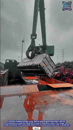 Strong and Precise: Heavy Equipment Material Handler Moves Scrap Metal Container