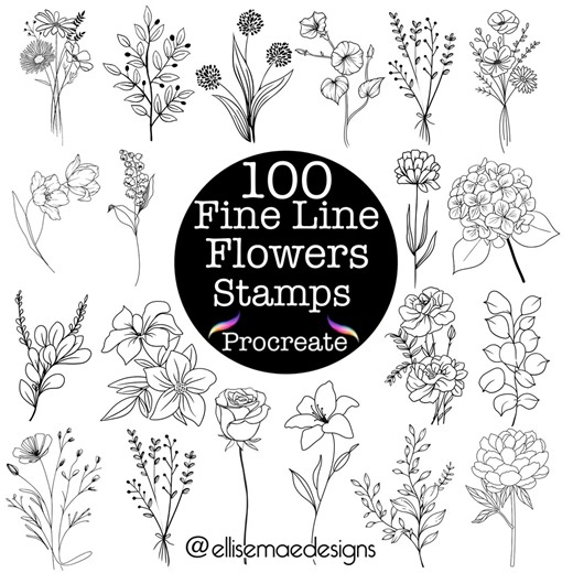 100 Fine Line Floral Tattoo Procreate Stamps: Botanical Designs Outline Simple Flowers - Etsy