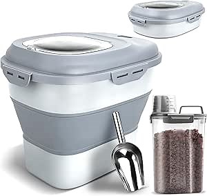 Dog Food Storage Container, Airtight Collapsible 13lb to 30lb Pet Food Container with Flip Top, Rolling Wheel, Scoop and 3L small container for Dog Cat Food and Dry Food of Rice, Flour