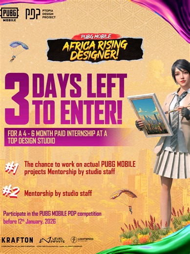 Hurry and sign up for the PUBG MOBILE Africa Rising Designer Programme! PUBG MOBILE has partnered with universities to give design students the chance to win the opportunity of a lifetime! 🎮✨ A winning student will receive a paid internship of 4 - 6 months at partnered design studio which includes: -- The opportunity to work on actual PUBG MOBILE projects 🕹️🎨 -- Mentorship from staff at the studio Students can sign up by participating in the PUBG MOBILE PDP Design Competition before the 12th 