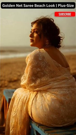Golden Net Saree Beach Look Plus-Size Designer Blouse Elegance in Sunset Glow | Beach Saree Fashion