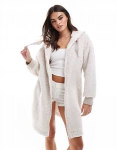 DKNY Sherpa fleece hooded zip robe in cream | ASOS