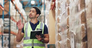 Man, tablet and scanner for inspection or stock take, online and digital for ecommerce. Technology, typing and cargo for industrial factory for male person, supply chain and depot inspector checklist