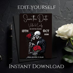 Skeleton Bride and Groom Save the Date, Gothic Wedding Invitation (canva Template) - Etsy