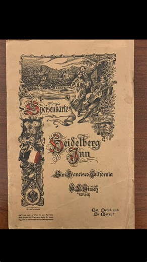 From our CA History menu collection, the multipage menu of the German restaurant, Heidelberg Inn, founded in San Francisco on Ellis Street in 1907. During World War I, the owners changed the name to States of Hof Brau to counter the anti-German sentiment. They renamed the booths after the states of the union. #libraries #menus