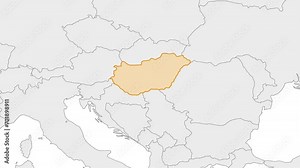 Animation of Hungary country map on the world map. Animation of map zoom in with border and marking of major cities and capital of the country Hungary. Background with alpha channel. Motion design.