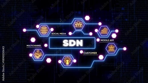 S D N Software Defined Networking Concept with and Connections on Dark Background with Neon Lights technology
