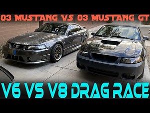 03 Ford Mustang V6 vs 03 Mustang GT V8 - Drag Race - Roll Race - New Edge