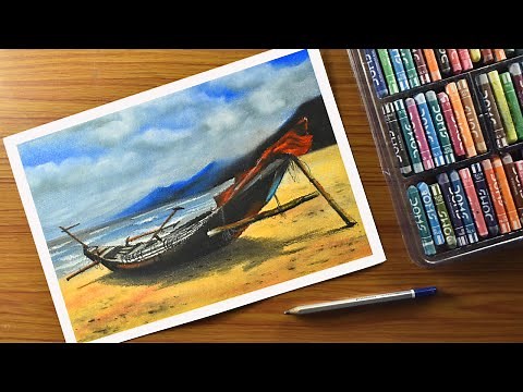 Beach scenery oil pastel drawing / Oil pastel seascape / oil pastel boat scenery
