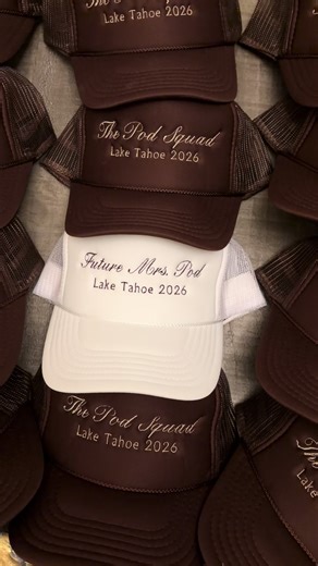 The Pod Squad🤎 Website link in bio to purchase your custom hats! #bachelorettehats #truckerhats #2026bride #customembroidery #embroideredtruckerhat