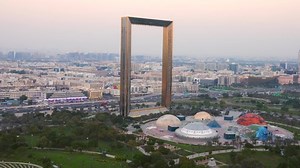 Dubai frame during sunset from rooftop with the planetarium at Zabeel park - Dubai, UAE - Nov '22