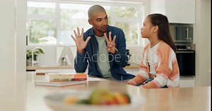 Math homework, dad helping child in kitchen with notes for project, support in learning and education with family. Teaching, counting and homeschool studying, father with young girl and school work.