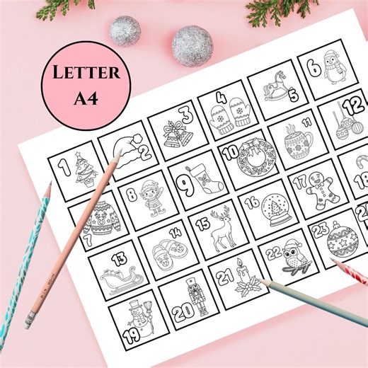 Printable Advent Calendar to Color - Christmas Countdown Coloring Page for Kids - Christmas Activities - Etsy