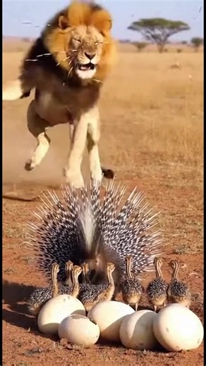 Lion Learns a Painful Lesson! A lion's attempt to attack ostrich eggs is thwarted by a brave porcupine! #fblifestyle #AI Generated using Kling AI . . . (For entertainment purposes only. Consult professionals if guidance on activities is presented. No brand affiliation is implied if any are shown. If inspired by true events, creative adaptations may be included. Content may include public footage.) | Fabiosa India