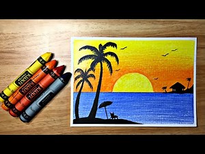 How to Draw Easy Beach Scenery Using Wax Crayons for Beginners / Step by step tutorial