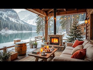 Cozy Winter Lakeside Porch 🎄 Jazz Music Background, Fireplace Sound for Study, Work & Relax