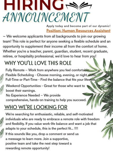 Now Hiring: Human Resources Assistant (Remote) Flexible schedule | Work from home | Training provided Message us to learn more.#remotework2026 #RemoteJobs #NowHiring #WFHJob #jobsearch #FlexibleJobs #JobSearch #ApplyNow #sidehustle #HiringNow #dreamjobs #JobOpportunity #Careers #CareerChange #PartTimeJob #FullTimeJob #FreelanceJobs #sidehustles #JobVacancy #JoinOurTeam