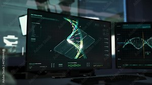Analysis software is used at the medical laboratory. Analysis of the genome at the laboratory. Analysis of the DNA Structure of a deadly infection at the futuristic laboratory. Scientific Study. UI.