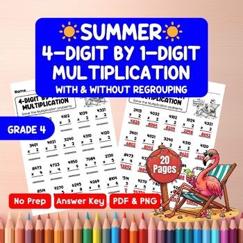 4-Digit by 1-Digit Multiplication With & Without Regrouping Worksheets | Summer