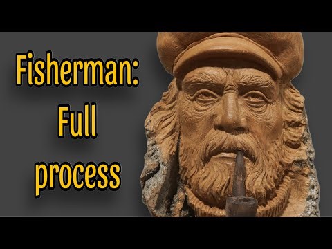 Wood Carving of a Lifelike Fisherman With a Pipe in Cottonwood Bark