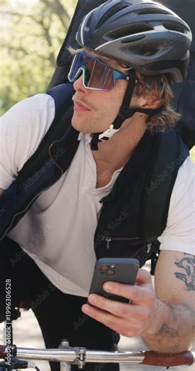 Outdoor, bicycle and delivery man typing with phone, navigation app and check route for directions. Supply chain, logistics and cyclist with mobile for package drop off text, digital map and courier