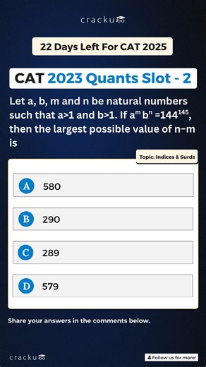 Cracku | CAT Online Coaching & MBA Entrance Prep on Instagram: "Last 22 Days Left for CAT 2025 CAT 2023 Quants Slot - 2 Indices & Surds Questions Follow @crackuexam for more MBA content . . . #cracku #mba #mbalife #cracku #questionoftheday #question #cat2025 #catexam #cat2025coaching #cat2025 #cracku #exames"