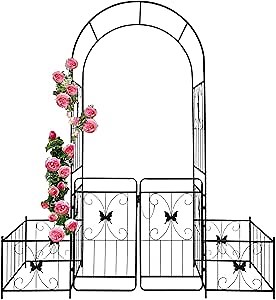 Metal Garden Arbor Arch with Gate and Plant Box, 86.6" H Garden Trellis for Outdoor Climbing Plants Garden Butterfly Decoration Support Roses Vines (Black Butterfly)