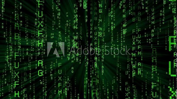 Matrix style green letters falling down, rays of light - encryption concept - 3D 4k animation (3840 x 2160 px) Stock Video