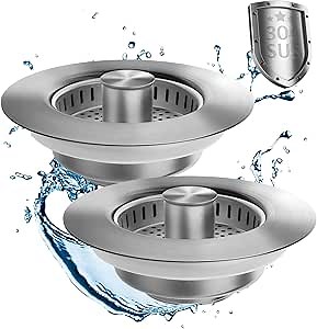 3 in 1 Kitchen Sink Drain Strainer, Upgraded Stainless Steel Sink Stopper Anti-Clogging Pop Up Sink Strainer with Basket Strainer for US Standard 3-1/2" Drain (Silver-2Pcs)