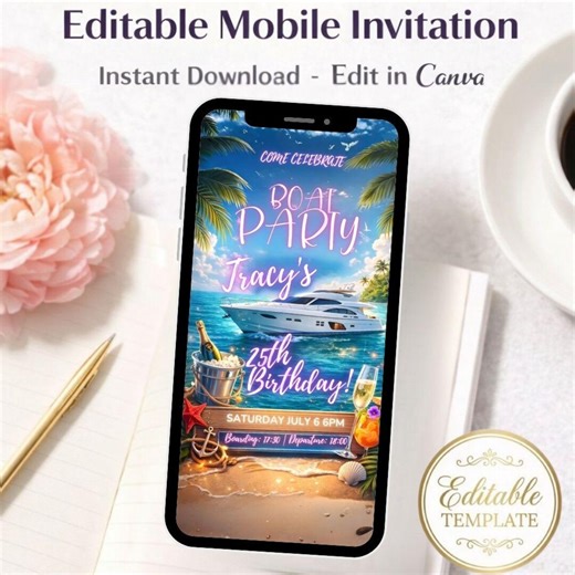 Yacht Birthday Invitation, Boat Party Mobile Invite, Beach Theme (canva Editable) - Etsy