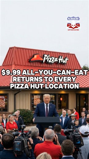 BREAKING: Trump just signed the “Pizza Hut Buffet Revival Act” $9.99 all-you-can-eat returns to every location. Pan pizza, breadsticks, endless plates, the works. Trump: “Under Biden they disappeared. I brought back the buffet like I brought back America. Tremendous pizza, folks. The best.” Remember 2005? Stuffing your face with greasy pan pizza while your mom paid $9.99? The red cups, the salad bar sneeze guard, the endless cinnamon sticks? Those days are back. No more $20 “personal pan” scams.